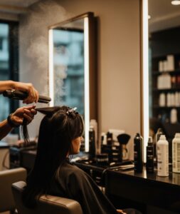 A cinematic, award-winning photography shot related to temporary hair straightening A cinematic, award-winning photography shot related to temporary hair straightening